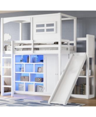 Wood Twin Size Loft Bed with Wardrobe, Storage Shelves, Slide and LED