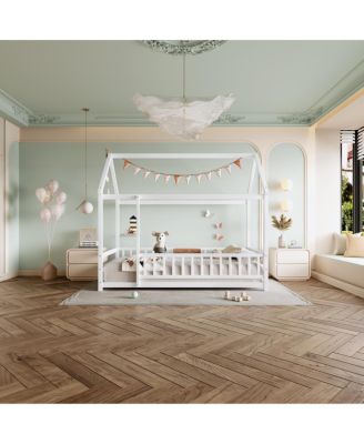 Twin Size Floor Wooden Bed with House Roof Frame, Fence Guardrails