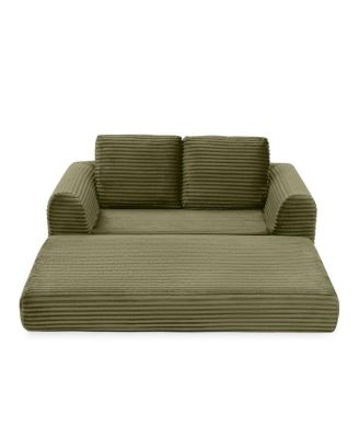  2-in-1 Folding Convertible Sofa Bed, Modern Corduroy Sleeper Couch with 2 Pillows, Green