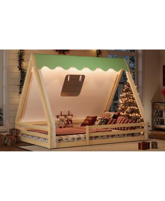 Full Size House Floor Bed with Tent and Light, Solid Wood Teepee Design