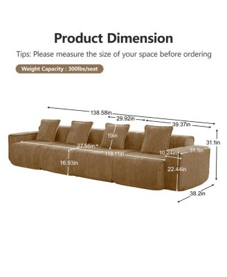  Streamlined Deep Seat Modular 4-Seat Boneless Sofa with French Edge Piping, Brown Velvet