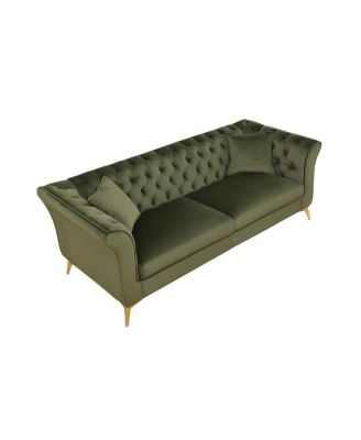  Chesterfield Stanford sofa, green tufted fabric, scroll arm/back loveseater