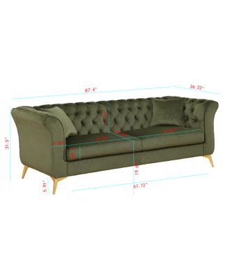  Chesterfield Stanford sofa, green tufted fabric, scroll arm/back loveseater
