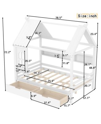 Full House Beds with Storage Drawers and Window, Solid Wood House Platform Bed Frame, White