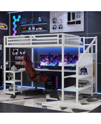 Metal Queen Loft Bed with Wardrobe, LED Light & L-Shaped Desk