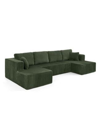  U-shape Modular Corduroy Sofa, Modern Minimalist Sleeper Couch - Green
