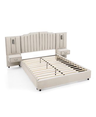 Queen Size Velvet Upholstered Bed Frame with Vertical Stripes