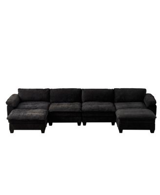  Living Room U Shape Sofa with Two Ottomans - Black Chenille
