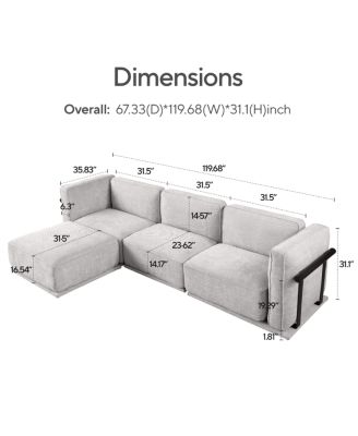 Fashionable modular chenille sofa with iron and wood frame, Light Gray