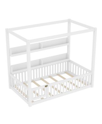 Twin Size Solid Wood Canopy Floor Bed with Guardrails & Shelves - White