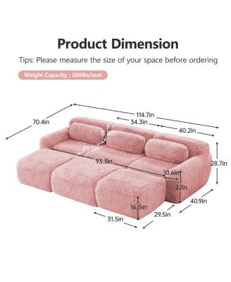  3-Seater Plush Fabric Sofa with Movable Ottoman, No Assembly Required, Pink