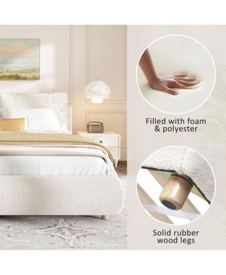King Size White Boucle Upholstered Platform Bed with Removable Pillow Headboard