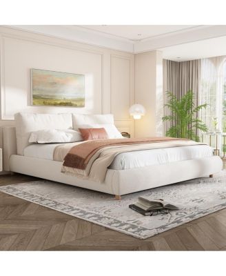 King Size White Boucle Upholstered Platform Bed with Removable Pillow Headboard