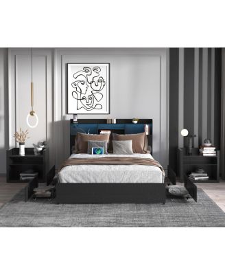 Streamdale Queen Bed Frame with 4 Storage Drawers, Headboard, LED & Charging Station