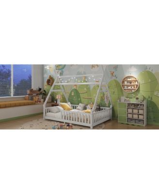 House Bed with Light, Low Floor House Bed with Fence and Roof