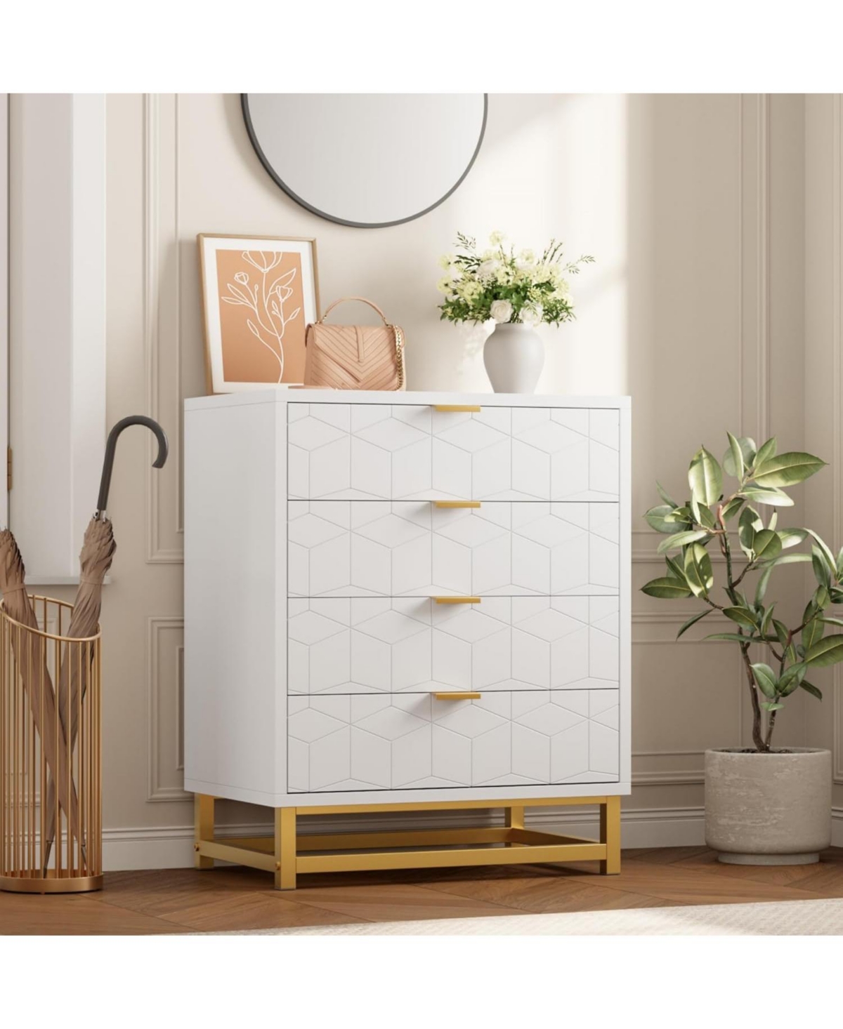 gaomon 4-Drawer Bedroom Dresser, Modern Wood Storage Chest with Metal Legs and Wide Drawers for Living Room or Hallway