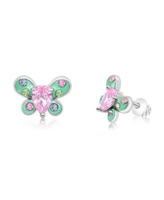 Girls /Girl/Butterfly Pink Green Crystal White Gold Palladium Plating Screwstud Earring