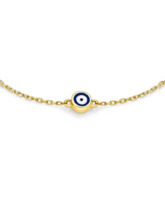 Simple Minimalist 14K Yellow Gold Amulet Tiny Blue Evil Eye Charm Bracelet 6.5-7.25 Inch Adjustable