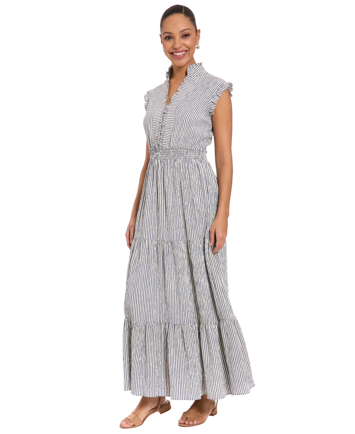 London Times Women's Striped Tiered Ruffle-Trim Maxi Dress