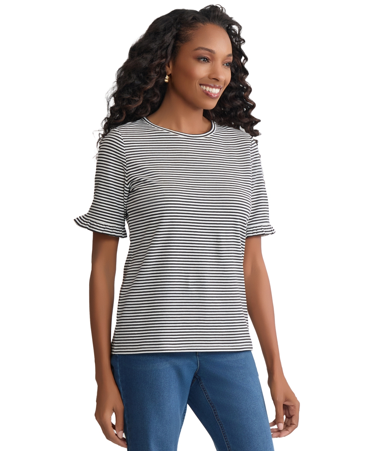 Jones New York Petite Elbow Ruffle-Sleeve Crewneck T-Shirt