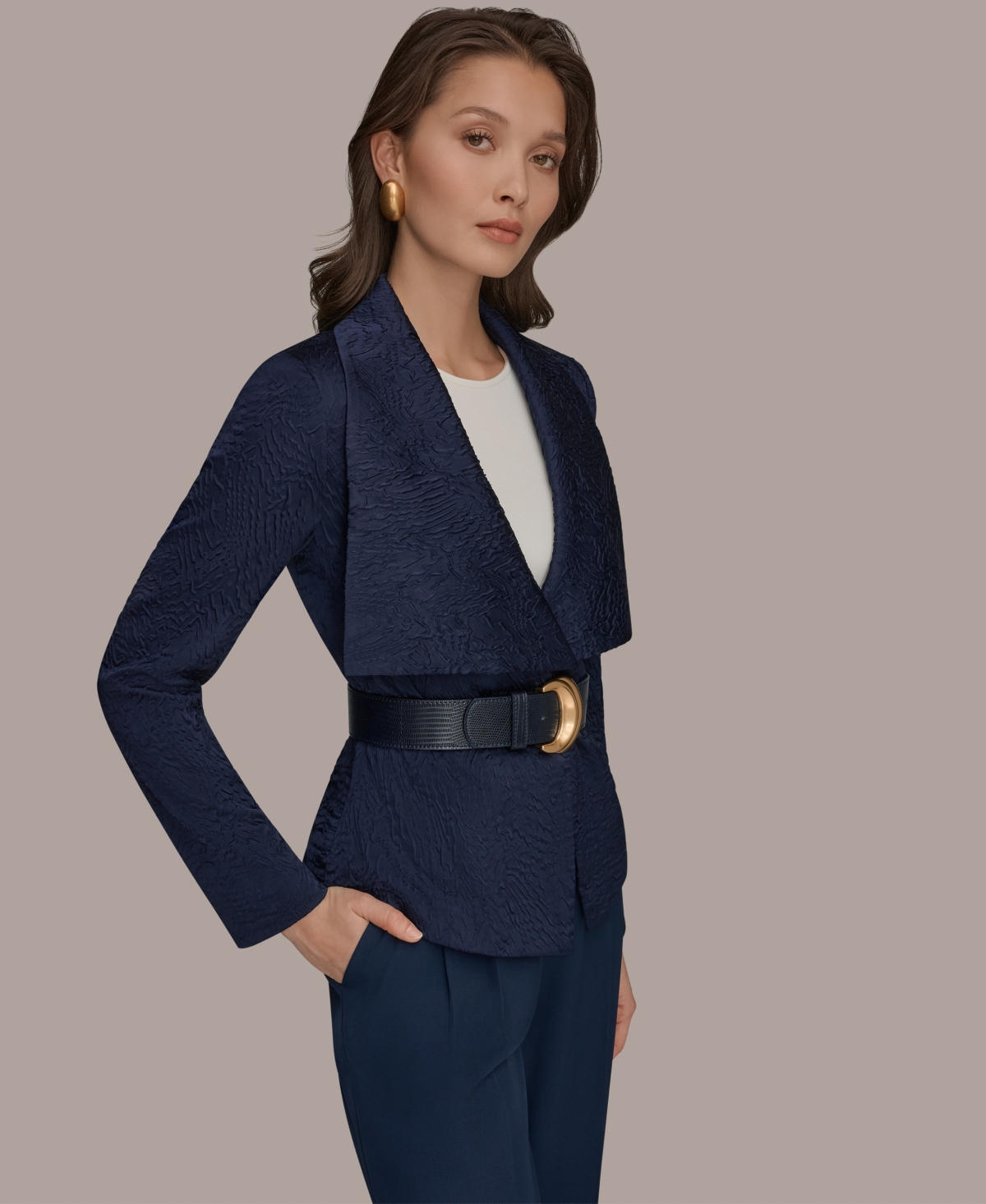 Donna Karan New York Women's Novelty Wide Lapel Belted Blazer