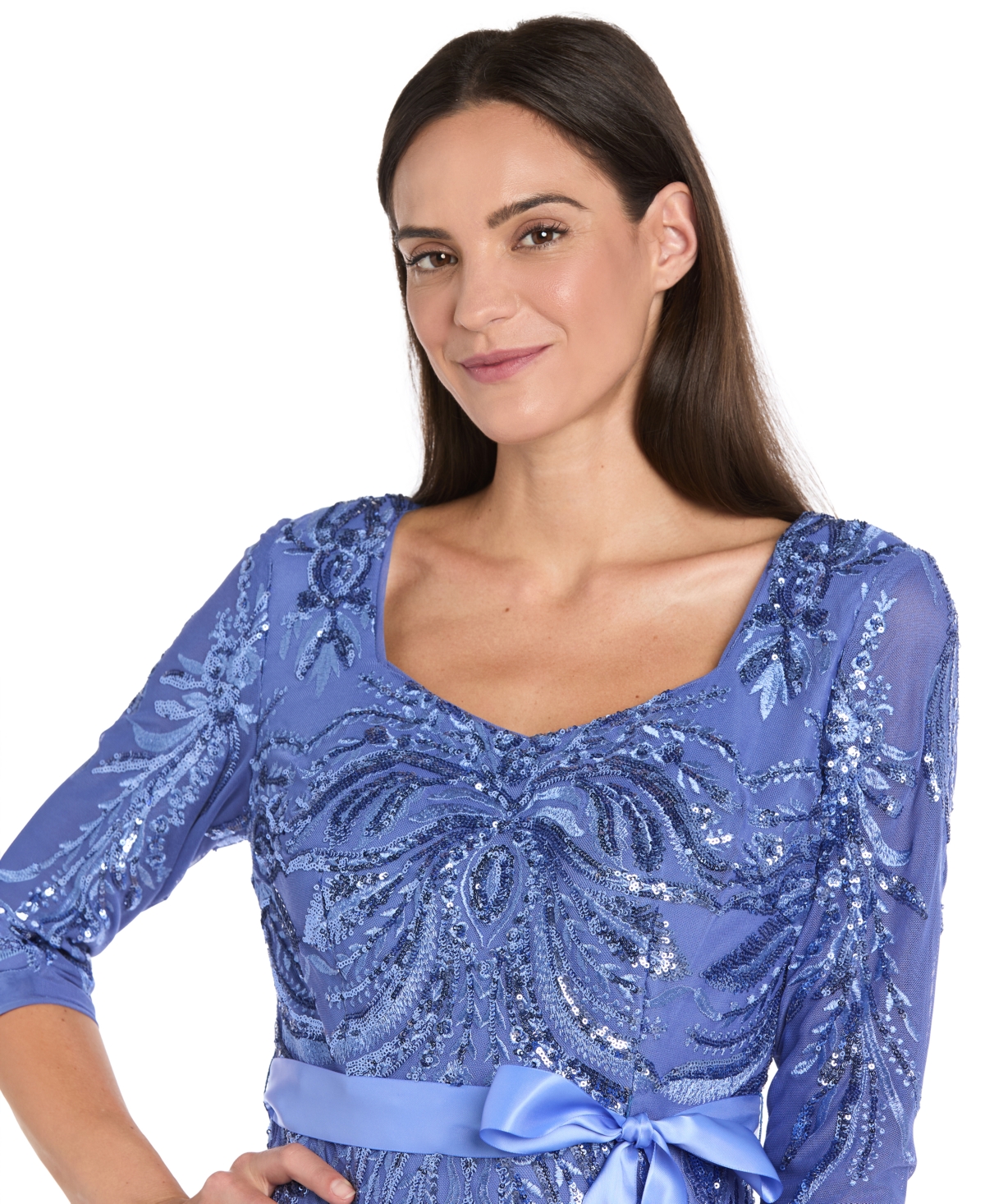 R & M Richards Women's Sequin 3/4-Length Sleeve Ball Gown