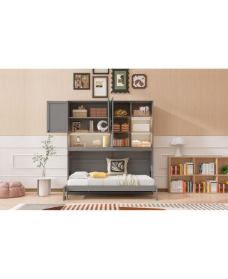 Twin Size Wall Murphy Bed with Cabinet, Shelves, Light & USB