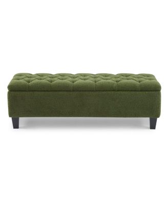 Ottoman Bench with Storage, Green Boucle, Rubber Wood Legs, 300 lbs Cap