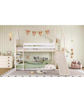 Twin Size Loft Bed with Bookshelf and Slide - Kids House-Shaped Design