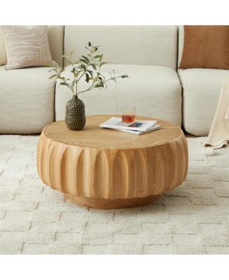 Round Solid Wood Carved Coffee Table with Elegant Sculptural Design