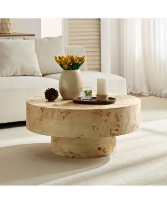 Mid Century Modern Burl Wood Round Coffee Table with Pedestal