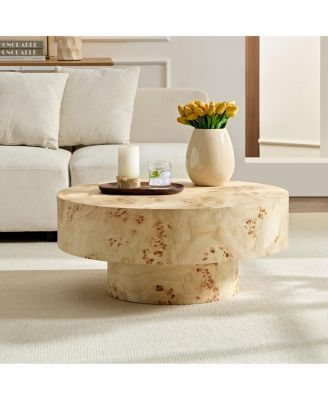 Mid Century Modern Burl Wood Round Coffee Table with Pedestal