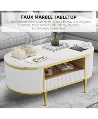 Modern Fluted Coffee Table, 48" Modern Oval Coffee Table with Drawer, Faux Marble Top, Curved Profile Center Table with Storage