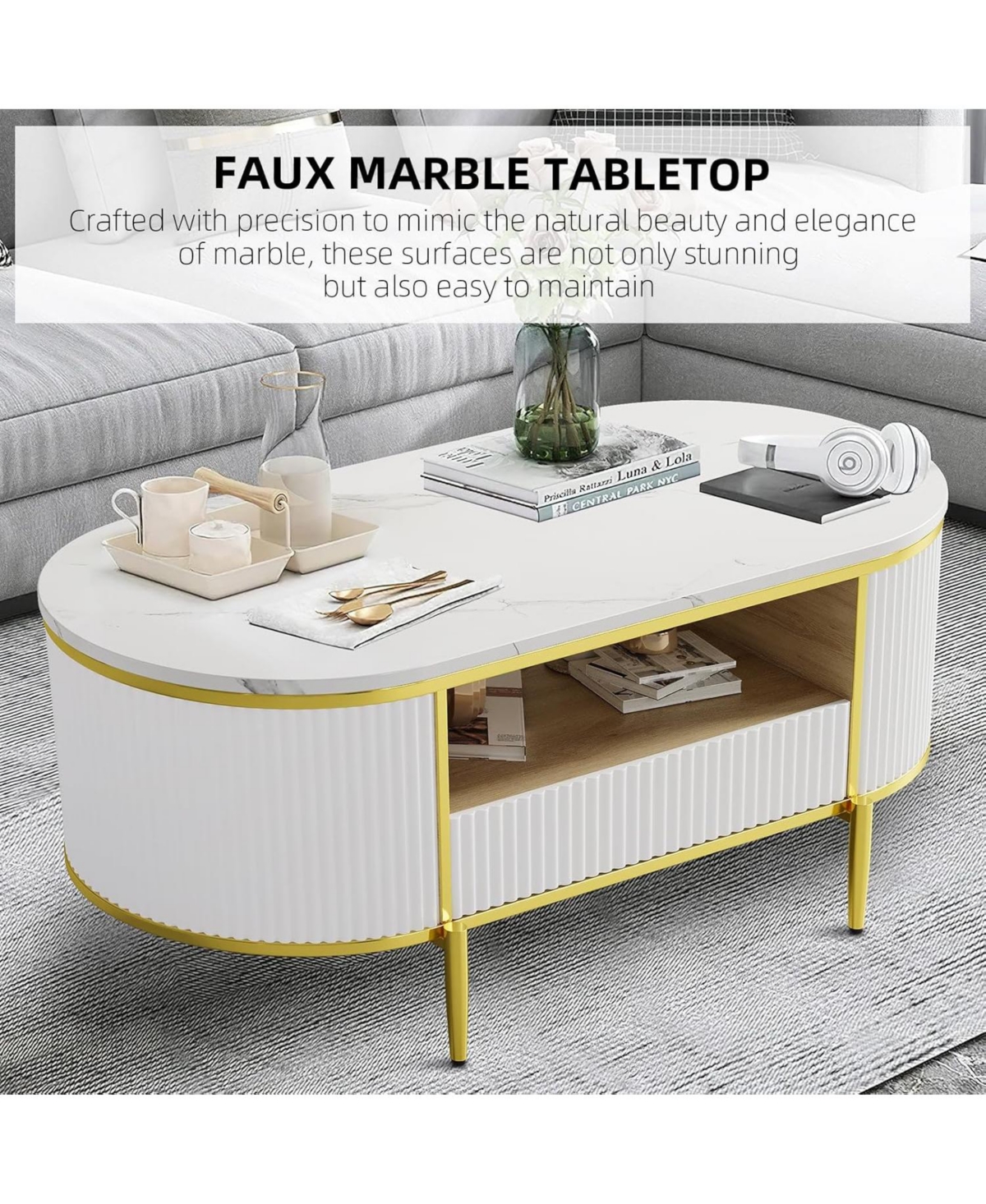 gaomon Modern Fluted Coffee Table, 48" Modern Oval Coffee Table with Drawer, Faux Marble Top, Curved Profile Center Table with Storage