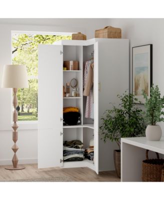 White Wood 4-Door Corner Wardrobe Armoires with Storage Shelves