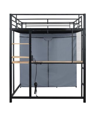 Loft Metal Bed with Desk,Shelves,Power Outlet,LED Light and Wardrobe - Full