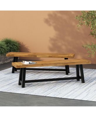 Acacia Outdoor Bench, Sandblast Teak Finish and Black, set of 2pcs