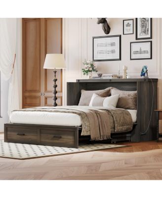 Queen Farmhouse Murphy Cabinet Bed with Charging Station & Storage Drawer