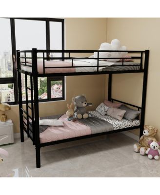 Twin Over Twin Metal Bunk Bed with Ladders & Guardrail, Convertible 2 Beds
