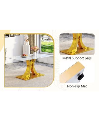 Marble patterned glass dining chair set with gold decoration