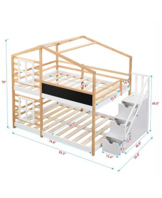 Full over Full Bunk Bed House Bed with Roof, Windows, Blackboard, Storage Ladder