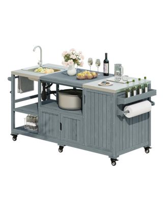 Outdoor Kitchen Island with Sink, Solid Wood Grill Cart for XL Green Egg, Rolling Bar Cart, Brown