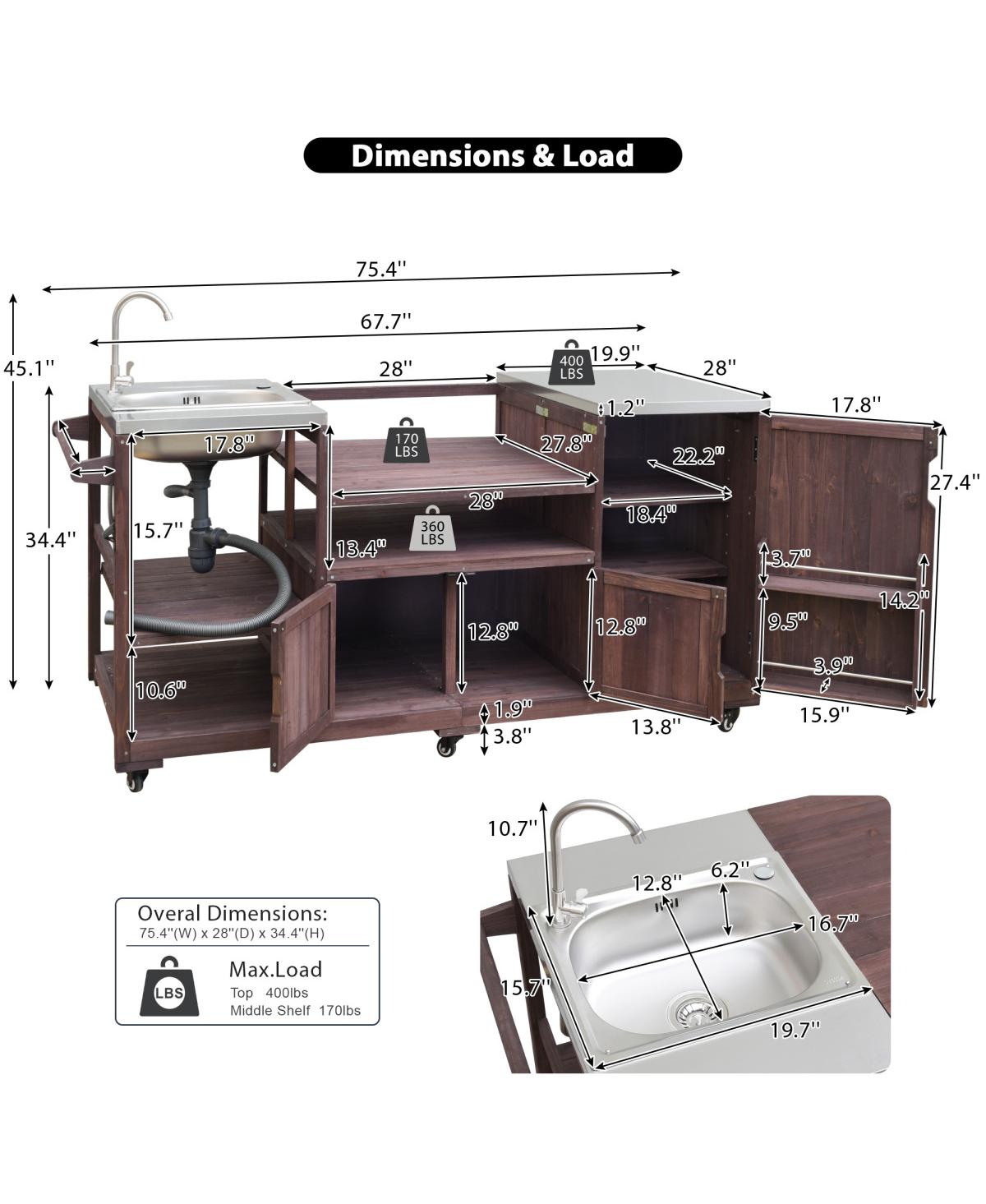 Streamdale Furniture Outdoor Kitchen Island with Sink, Solid Wood Grill Cart for Xl Green Egg, Rolling Bar Cart, Brown