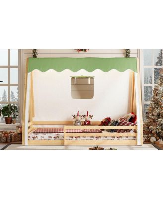 Twin Size House Floor Bed with Tent and Light, Solid Wood Teepee Design