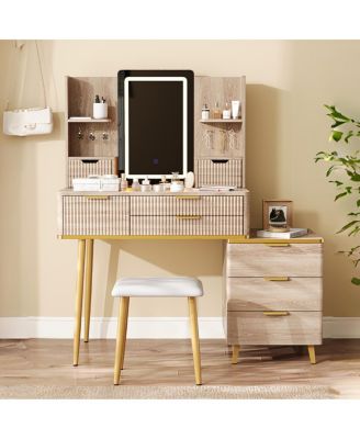 7-Drawer Vanity Desk with LED Mirror & Carved Details, Makeup Table with Stool