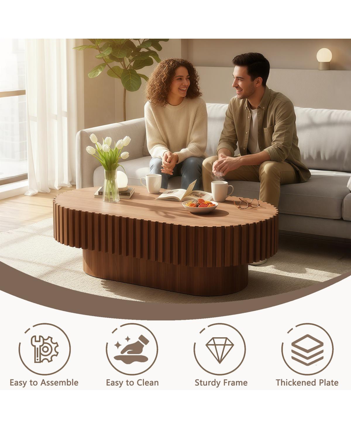 Streamdale Furniture Oval Mid Century Modern Fluted Wood Coffee Table, 43.1" Walnut