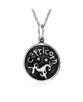 Capricorn Zodiac Round Medallion Pendant Necklace Antiqued .925 Sterling Silver
