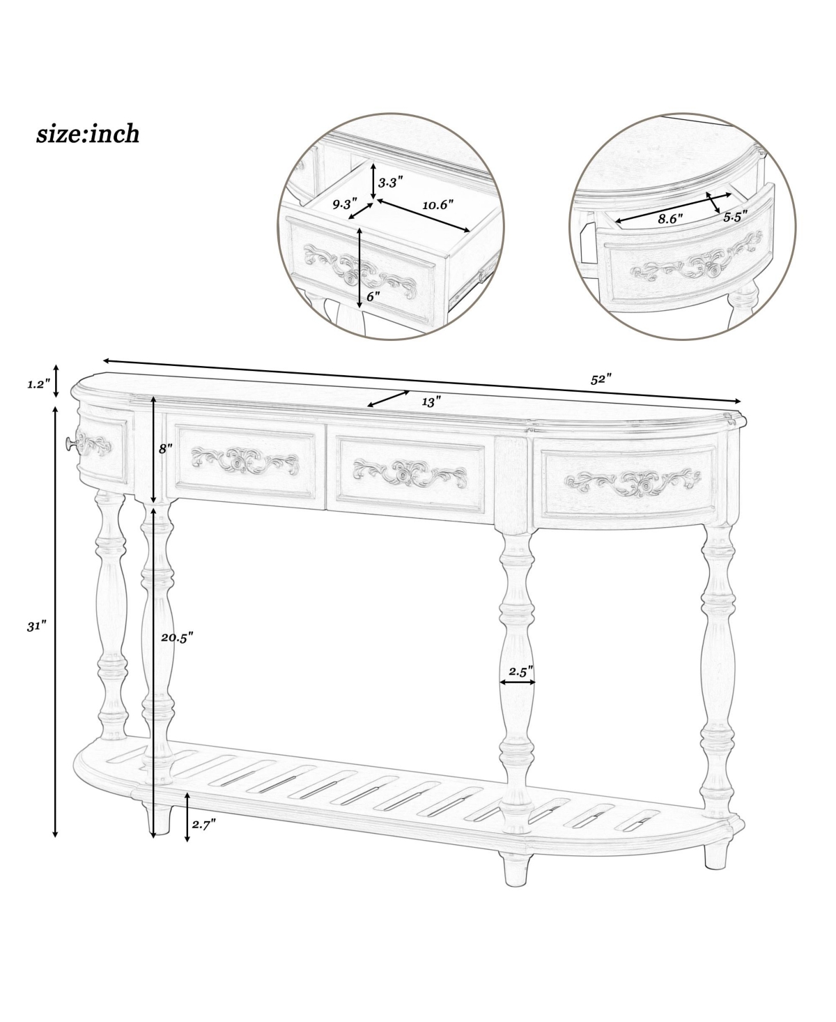 52''Modern and Contemporary Curved Console Table Sofa Entryway for Hallway Living Room with 4 Drawers 1 Shelf