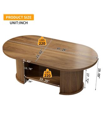 Oval Fluted Coffee Table, 47" Farmhouse Wood, Mid-Century 2-Tier with Storage