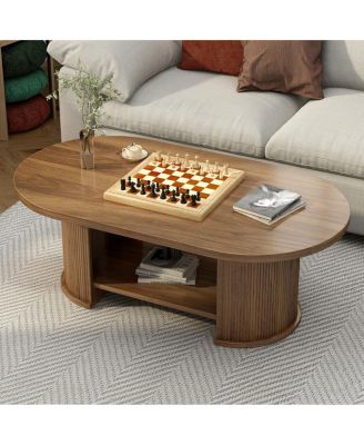 Oval Fluted Coffee Table, 47" Farmhouse Wood, Mid-Century 2-Tier with Storage